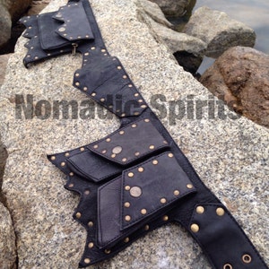 Black / brown / stone leather festival belt with studs and 5 pockets image 2
