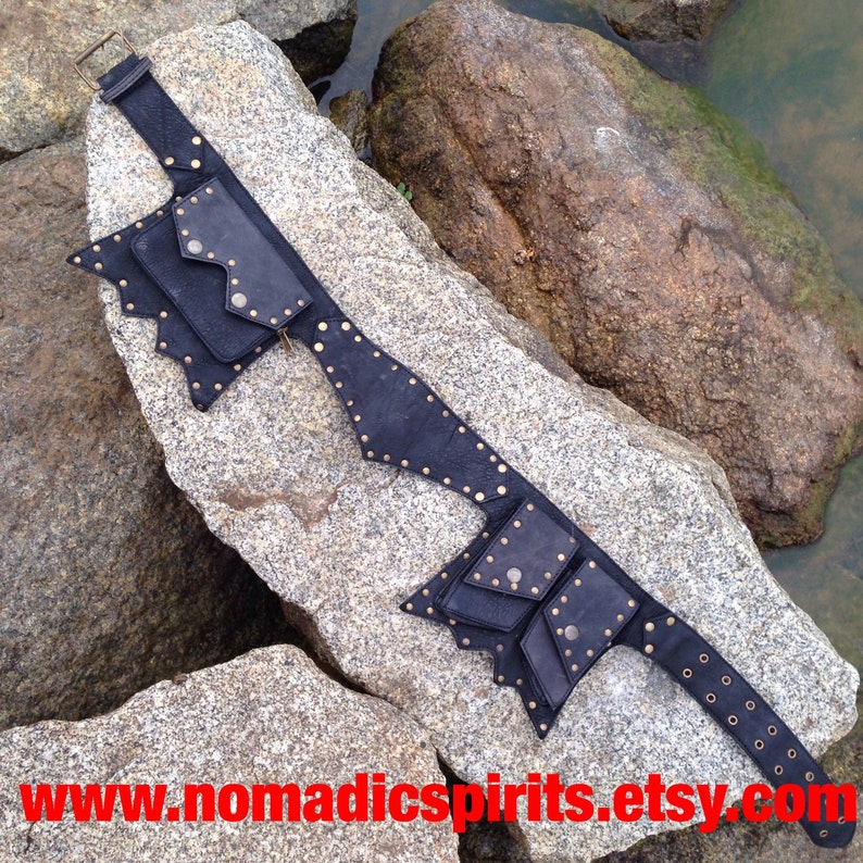 Black / brown / stone leather festival belt with studs and 5 pockets image 1
