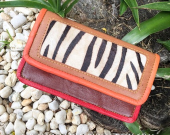 Colourful rustic recycled leather purse with zip pockets, card holder and compartments