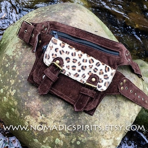 Chocolate brown suede with fur finish tribal festival pockets medicine pouches. hippie psytrance forest dweller