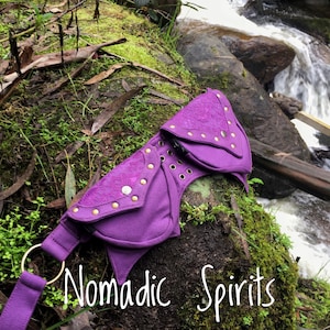 Purple 100% cotton pixie pouch with 4 pockets adjustable belt. Festival hippie pixie tribal fantasy utility bag medicine pouch elven psytran