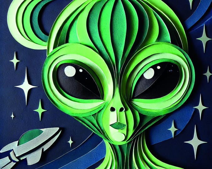Featured listing image: Retro Futuristic Alien Art - 3D Paper-Cut Style Digital Print, Outer Space Decor (8*8 inches)