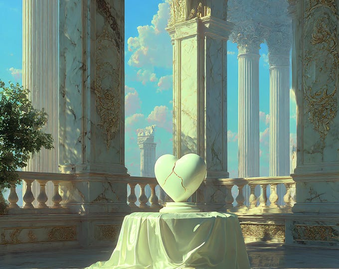 Featured listing image: The Sacred Fracture No.1 – Cracked Marble Heart in Sunlit Temple | Fine Art Printable | Classical Digital Wall Art