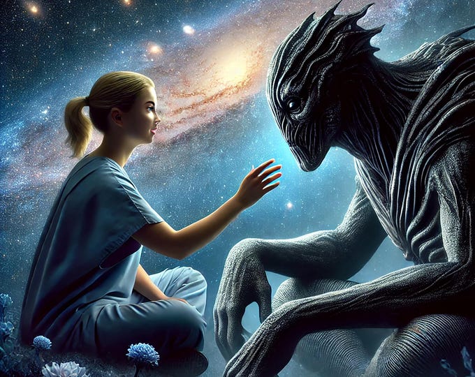 Featured listing image: First Contact – Cosmic Curiosity Digital Art Print (60x60 cm)
