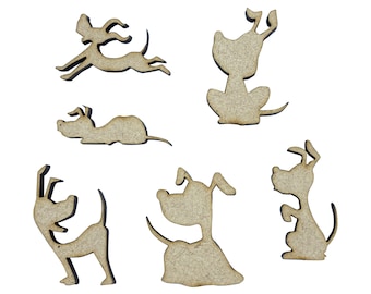 May include: Six wooden cutouts of dogs in different poses. The cutouts are brown and have a rustic, unfinished look.