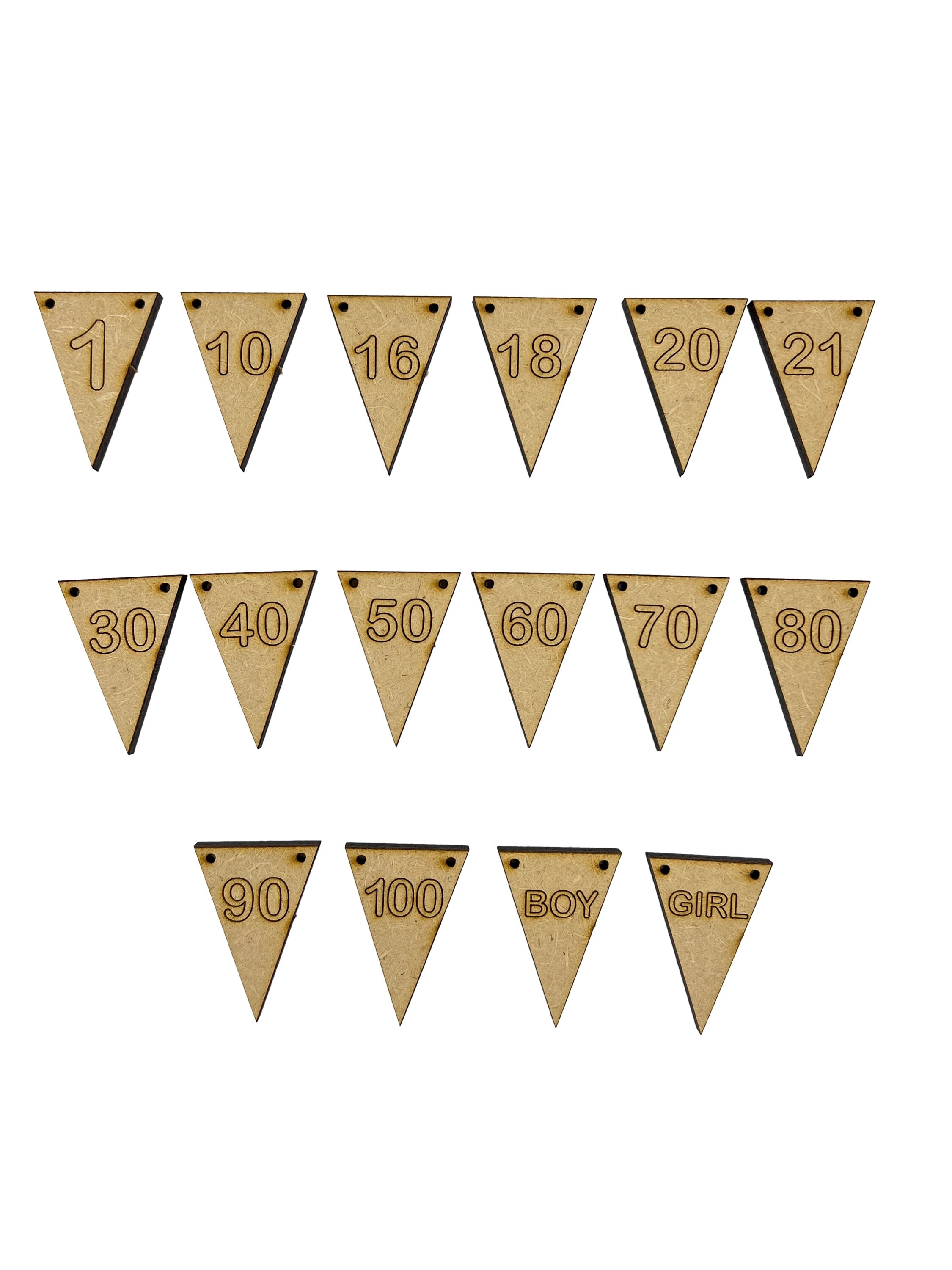 The Crafty Cow 20x Bunting Boy Girl Age Numbers 1 10 20 30 40 50 60 70 80 90 100 3cm Wood Craft Embelishments Laser Cut Shape