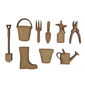 20x Attrezzi da giardinaggio misti 3cm Abbellimenti artigianali in legno Taglio laser Forma MDF
