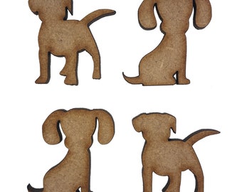 May include: Four wooden dog cutouts in different poses. The cutouts are brown and have a simple, cartoon-like design.