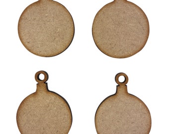 May include: Four unfinished wooden ornaments shaped like Christmas tree baubles with a small loop at the top.