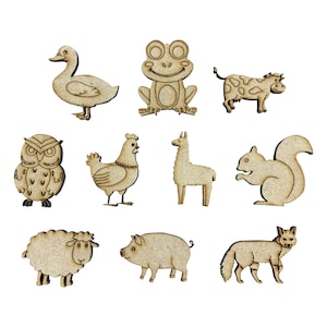 May include: A set of 10 wooden animal cut-outs, including a duck, frog, cow, owl, chicken, llama, squirrel, sheep, pig, and fox. The cut-outs are all in a natural wood colour and have simple, cartoon-like designs.