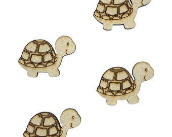 May include: Four wooden turtle cutouts. Each turtle has a light brown body and a darker brown shell with a geometric pattern. The turtles have smiling faces and are facing different directions.