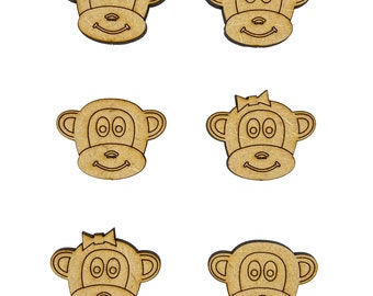 16x Monkey Faces Animals Detail 3cm Wood Craft Embelishments Laser Cut Shape