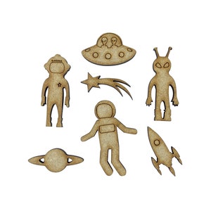 20x Mix Space UFO Alien Rocket 4 cm Drewniane ozdoby do robótek ręcznych Laserowo wycinane kształty MDF