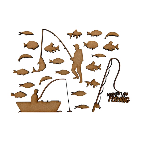 23x Fishing Fisherman Fish Set Wood Craft Embelishments Laser Cut Shape MDF