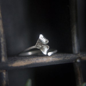 Dainty Sterling Silver Adjustable Open-Band Gingko Leaf Ring | Among Thorns and Roses