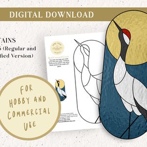 May include: A digital download of a stained glass pattern featuring a red-crowned crane with a yellow background. The pattern is available in two versions: regular and simplified. The download is for hobby and commercial use.