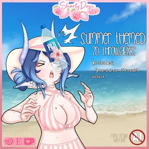 Op de afbeelding: Anime-stijl illustratie van een personage in een roze en witte gestreepte badpak en zonnehoed, met blauw haar en hoorns. De afbeelding bevat de tekst "Summer themed 2D throwables" en "Includes: - 9 hand drawn throwable assets."