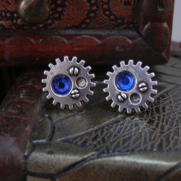 Steampunk Cog Stud Earrings with Blue Rhinestones