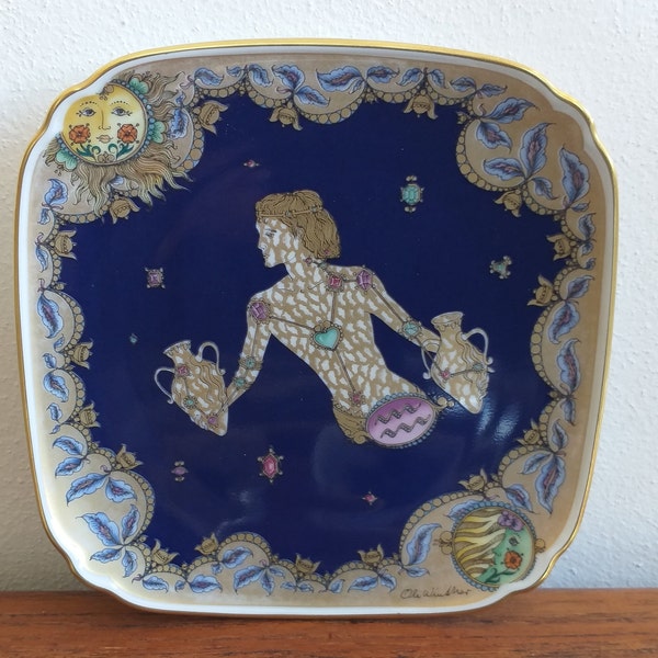 Hutschenreuter wall plate ONE WATERMAN LEFT, Zodiac sign in cobalt blue and gold, design by Ole Winther