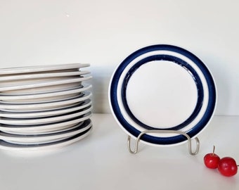 Könnte beinhalten: Ein Stapel von 10 weißen Keramiktellern mit einem dünnen blauen Streifen am Rand. Ein einzelner Teller mit einem breiteren blauen Streifen wird auf einem Metallständer präsentiert. Zwei rote Äpfel befinden sich im Vordergrund.