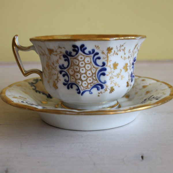 1850s Jacob Petit style cup in exclusive porcelain, 19th Century elegant tea cup with saucer, gold cobalt blue French porcelain antiques
