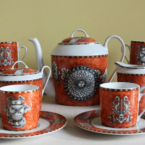 Limoges, Florian, coffee service, 6 people, pot, milk jug, sugar bowl, orange-brown, Philippe DESHOULIERES, French dishes, Umberto Banchelli