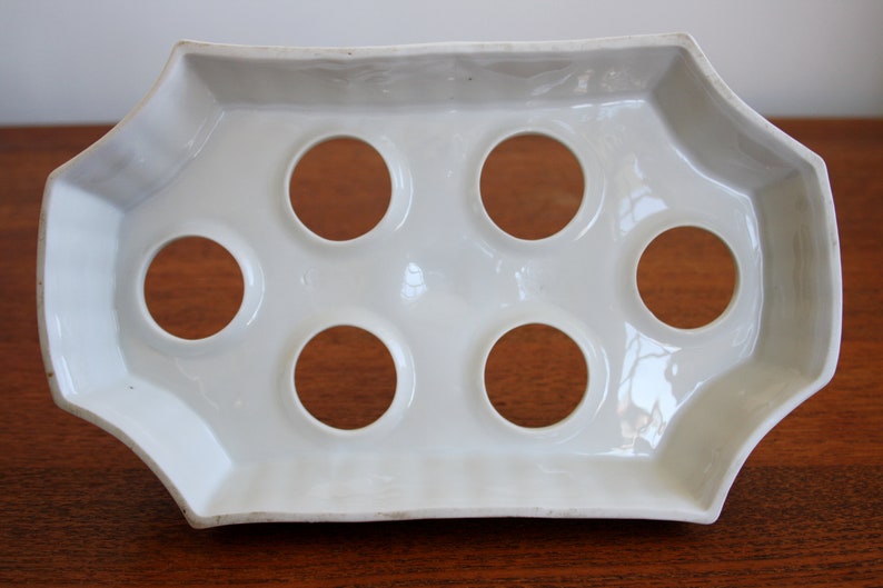 Antique rare egg tray of porcelain decorated with small blue strawflowers probably early 19th Century Thuringia Germany Strohbl\u00fcmen