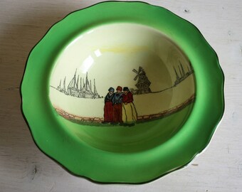 Karl Noke | Royal Doulton | Niederländische A - Harlem-Serie |  runde Müslischale, holländische Szene Hafen 3 Fischer und Windmühle, grün gelb