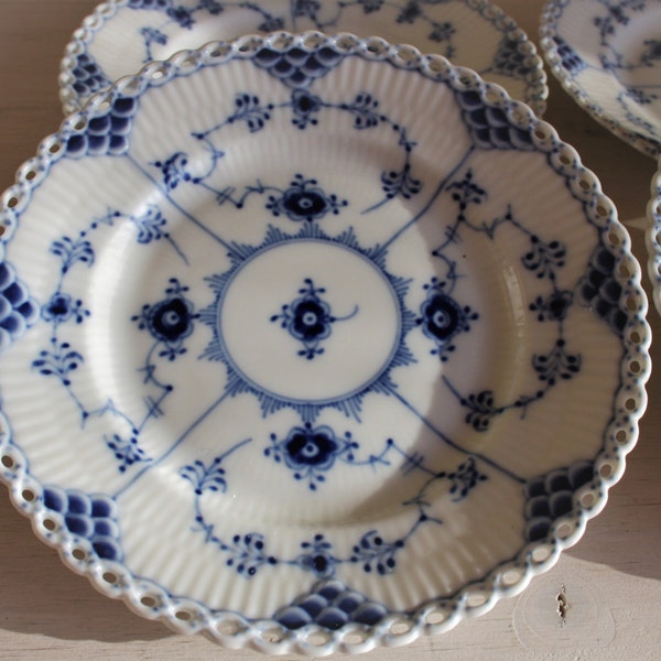 RESERVED Royal Copenhagen, set of 4 bread and butter plates, Blue Fluted, Full Lace, Denmark, 1-1088, LXX, blue white, Danish design, 1966