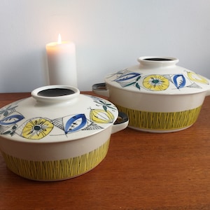 Stavangerflint Bambus or Flamingo patterns casserole dishes with lid, rare Norwegian design by Inger Waage, Norway vintage 50s kitchen ware