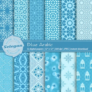 BLUE ARABIC digital printable scrapbook background paper pack image 1