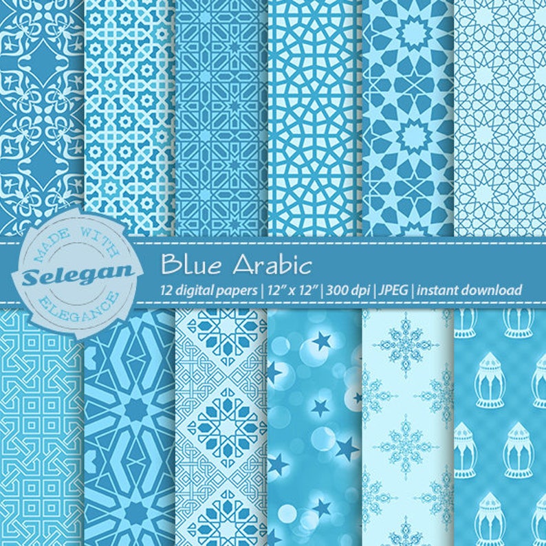 BLUE ARABIC digital printable scrapbook background paper pack image 1