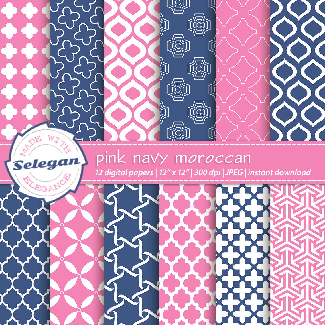 Moroccan Digital Printable Pattern, PINK &amp; NAVY MOROCCAN 12x12 Arabic ...
