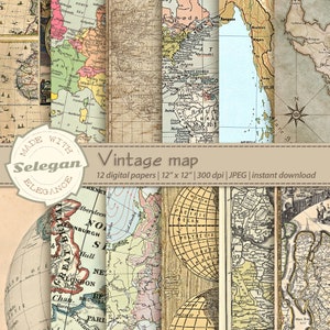 VINTAGE MAP , antique old maps digital paper, victorian digital scrapbook paper, historical world maps, retro printable background