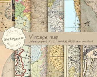 VINTAGE MAP , antique old maps digital paper, victorian digital scrapbook paper, historical world maps, retro printable background