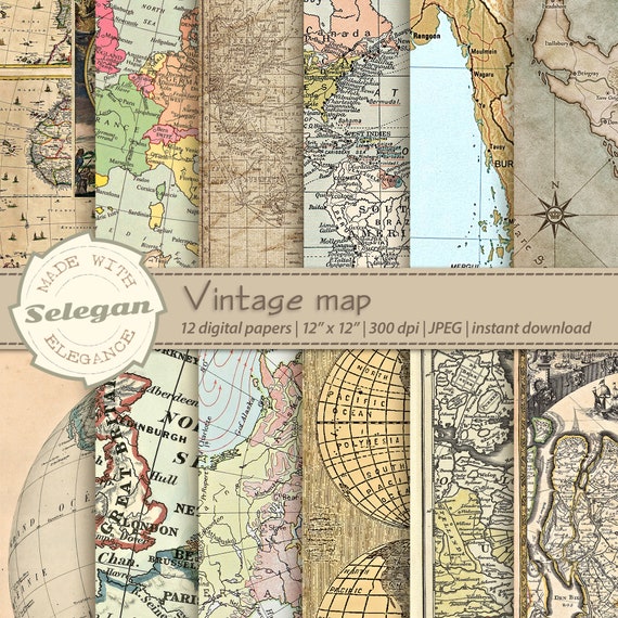 Vintage Map Digital Paper, scrapbook backgrounds