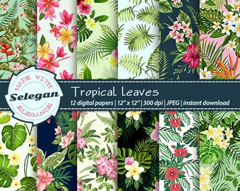 TROPICAL LEAVES  digital printable floral scrapbook paper, tropical rain forest flower and leaf background, botanical patterns download