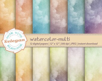 WATERCOLOR - MULTI , digital paper scrapbook, 12x12 watercolour texture printable pattern, photography and card background diy download