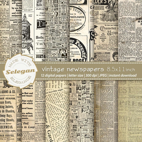 VINTAGE NEWSPAPERS 8.5x11 Inch Letter Size Digital Printable Scrapbook Paper  Background, Vintage Journal Backdrop 