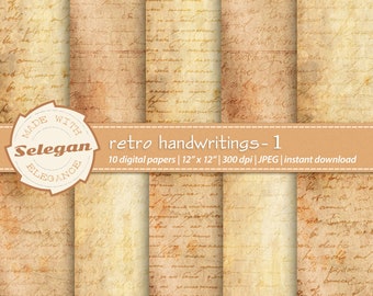 RETRO HANDWRITINGS -1, 12 inch digital printable scrapbook paper, old vintage script backgrounds