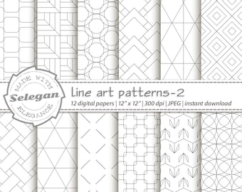 LINE ART PATTERNS -2 , Scrapbook Paper, Lineart Printables, Digital Paper Pack, Minimalist Geometric Lines, Instant Download