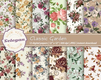 CLASSIC GARDEN, vintage floral background, flower blossom seamless pattern,digital printable scrapbook paper backdrop