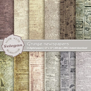 GRUNGE NEWSPAPERS  Digital Printable scrapbook Paper Backgrounds, 12x12 Old Paper Pack, Antique news paper Ads