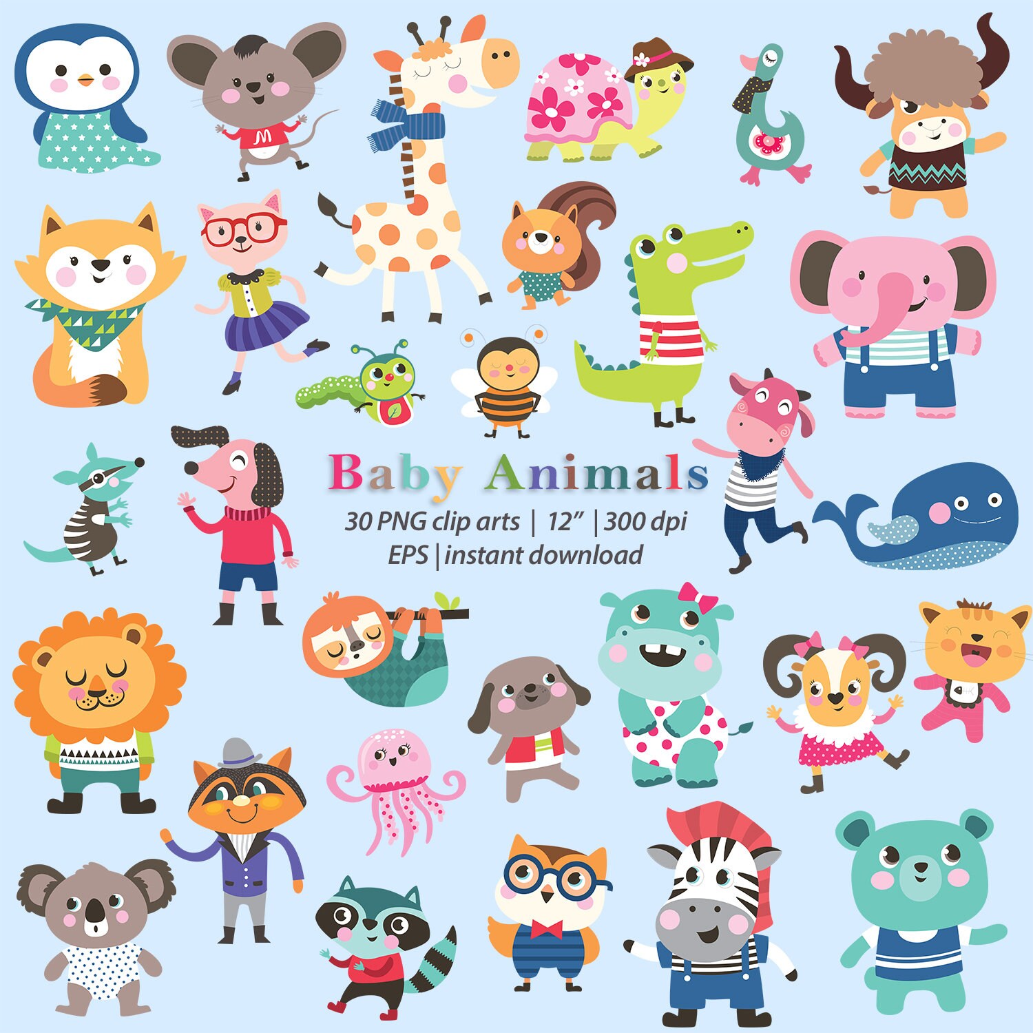 Baby Animals Cute Decorated Cartoon Animals Png Clipart With Etsy