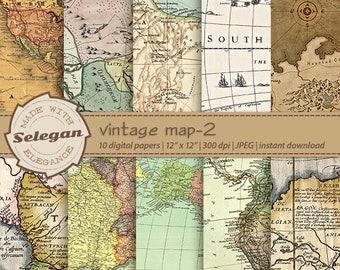 VINTAGE MAP -2  antique map digital paper, retro world maps background, digital printable scrapbook paper, card making art