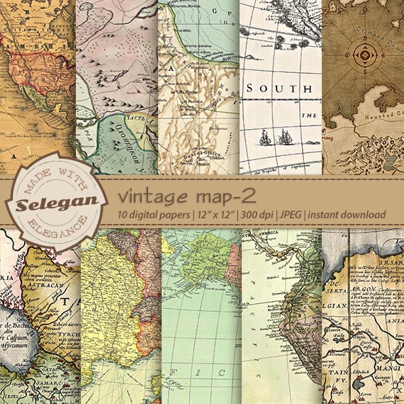 Vintage Map Digital Paper, scrapbook backgrounds