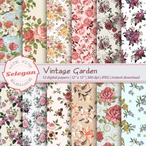 VINTAGE GARDEN, vintage flowers background, blossom flower seamless pattern, wedding floral digital scrapbook paper