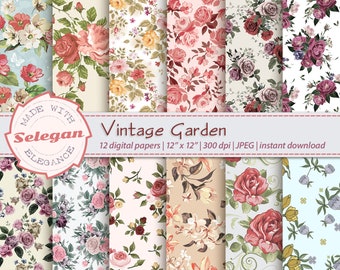 VINTAGE GARDEN, vintage flowers background, blossom flower seamless pattern, wedding floral digital scrapbook paper