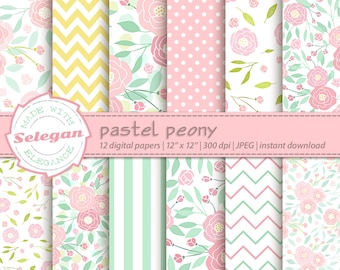 PASTEL PEONY  digital peony flower pattern printable scrapbook papers download