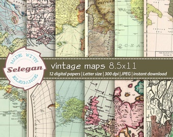 VINTAGE MAPS 8.5X11 inch letter size high resolution old map diagram retro backgrounds for printing and digital use